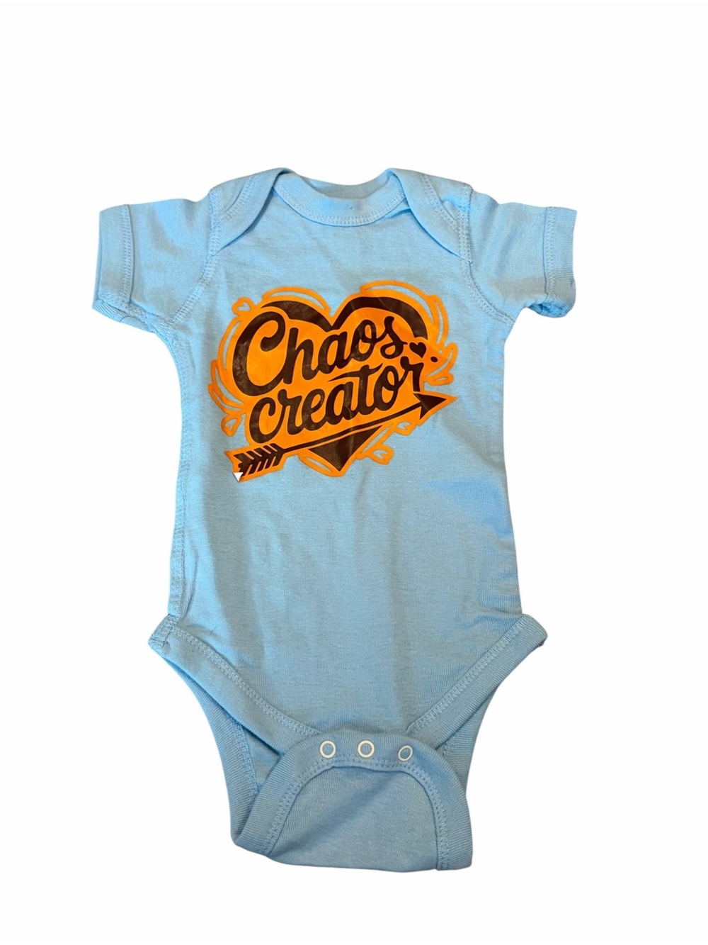 Rabbit Skins Light Blue One-Piece Bodysuit with Orange "Chaos Creator" Graphic